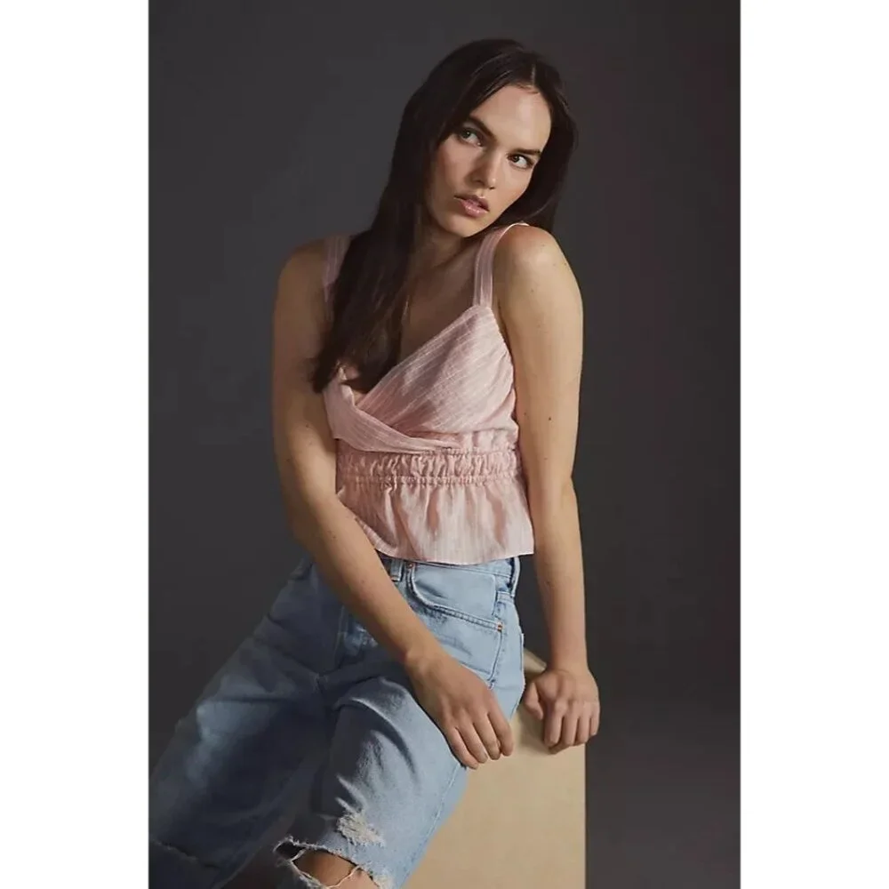 Anthropologie Maeve Top Shirred Peplum Crop Pink Stripe Sleeveless